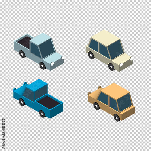 Isometric car and pick up 3d icons set