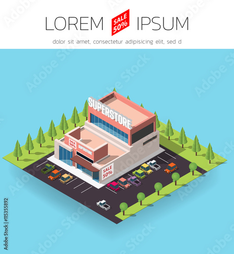 isometric infographic element representing shopping mall or supermarket or superstore building with car and tree on the blue background.