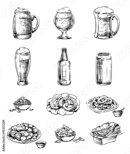 Set of Icons snacks and beer in a glass, mug, bottle, cup, jar and pot. Hand drawing graphic strokes and lines images for Oktoberfest or menu the restaurant, pub, bistro, snack bar, isolated vector