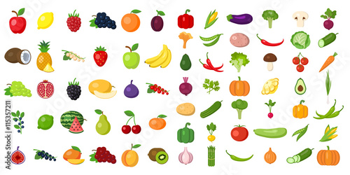 Set of fruits and vegetables. Different colorful vegetables and fruits. All kinds of green vegi and fruit for cooking meals, planting in garden.
