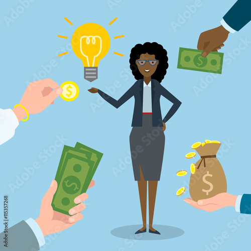 Businesswoman gets money for the idea. Beautiful african american businesswoman has idssea bulb. Selling new ideas, getting money. Funding concept.
