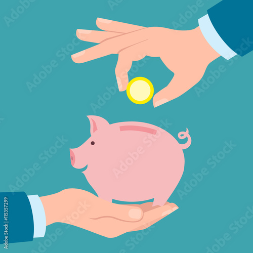Hands with coin and piggy bank. Hand holding coin. Concept of savings, earnings. Collect to pig bank. Saving coins to piggy bank. White background.