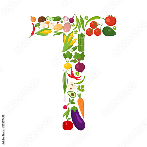 T letter from vegetables. Green alphabet. Fresh green vegetables for healthcare. Healthy diet concept. All vegetables like carrot  onion  tomato  pepper  cucumber  cabbage.