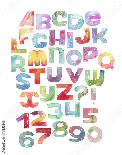 Large raster illustration with watercolor letters and numbers sequence. Gradient alphabet, vivid colored, grainy, with splashes and imperfections, isolated on white background. Hand drawn abc letters.