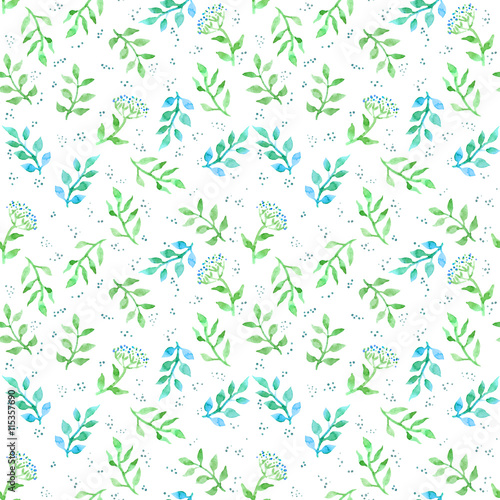 Meadow flowers, spring grass. Cute ditsy repeating pattern. Watercolor