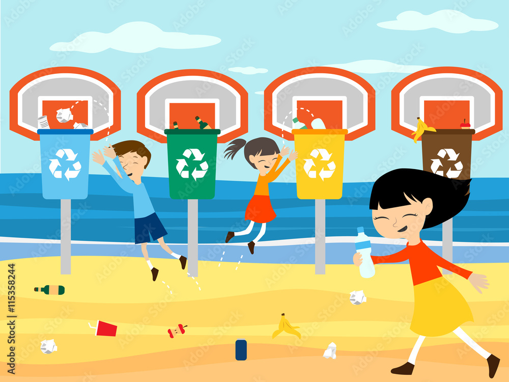 Children recycle clean beach playing at basket with recycling bin vector illustration