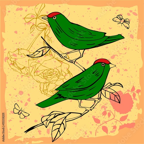 Vintage collage, Victorian style, with two exotic green birds