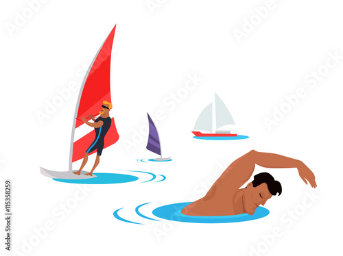Swimming And Windsurfing on the Coast Illustration.