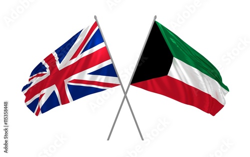 3d illustration of UK and Kuwait flags together waving in the wind