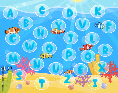 Lovely children activity play placemat rug for alphabet learning with underwater sea with ripples, corals, fish and bubbles background.