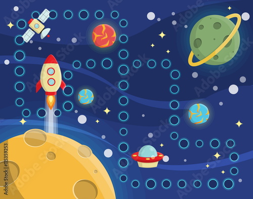 Lovely children activity play placemat rug for space racing competition game with outer space background, lonely planets, stars, space ships and satellite.