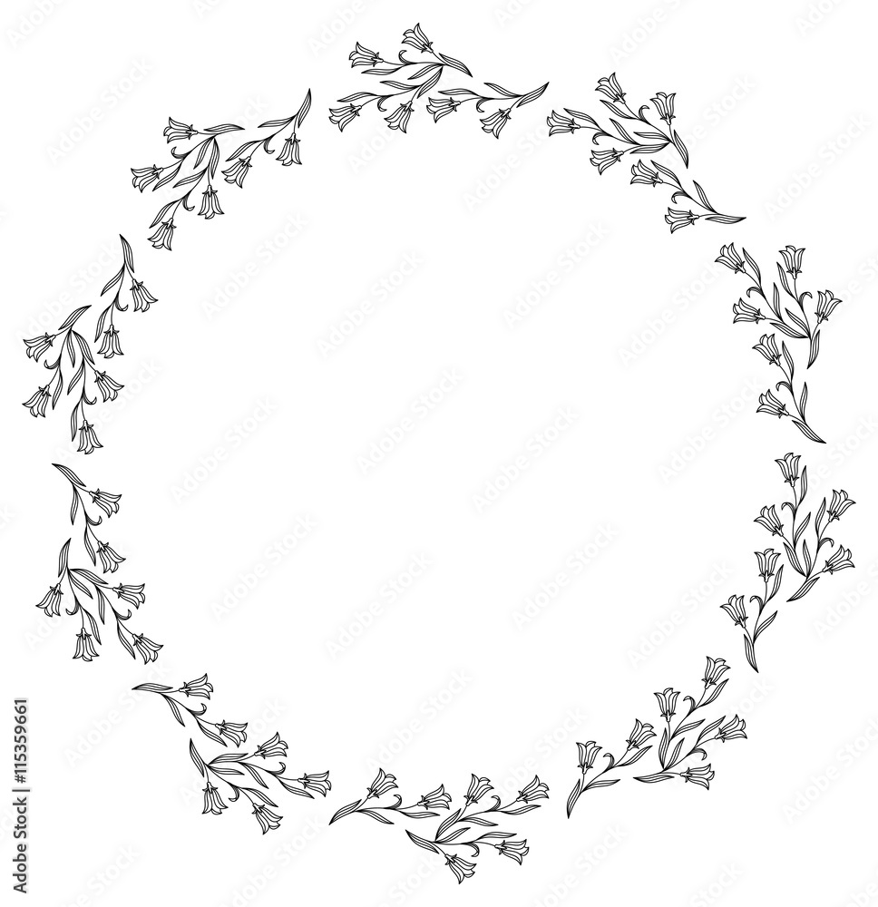 Elegant round frame with bluebells.  Design element for advertisements, logos, pages, flyer, web, wedding and other invitations or greeting cards. Vector clip art.