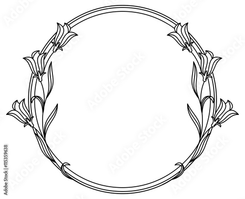 Elegant round frame with bluebells.  Design element for advertisements, logos, pages, flyer, web, wedding and other invitations or greeting cards. Vector clip art.