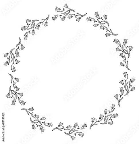 Elegant round frame with bluebells. Design element for advertisements, logos, pages, flyer, web, wedding and other invitations or greeting cards. Vector clip art.