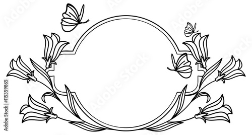 Elegant round frame with bluebells and butterfly.  Design element for advertisements, logos, pages, flyer, web, wedding and other invitations or greeting cards. Vector clip art.