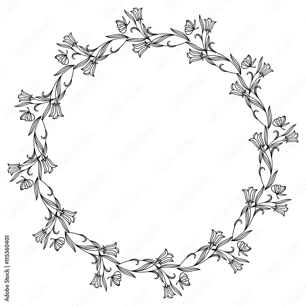 Fototapeta premium Elegant round frame with bluebells. Design element for advertisements, logos, pages, flyer, web, wedding and other invitations or greeting cards. Vector clip art.