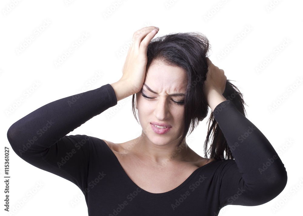 Woman having headache on white background Woman having headache on white background
