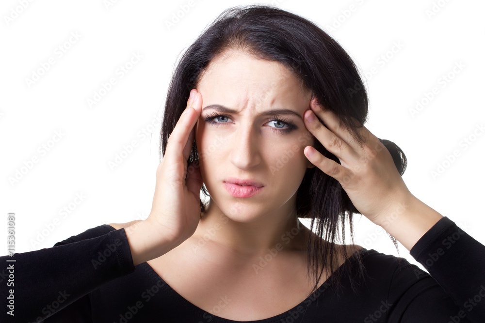 Woman having headache on white background Woman having headache on white background