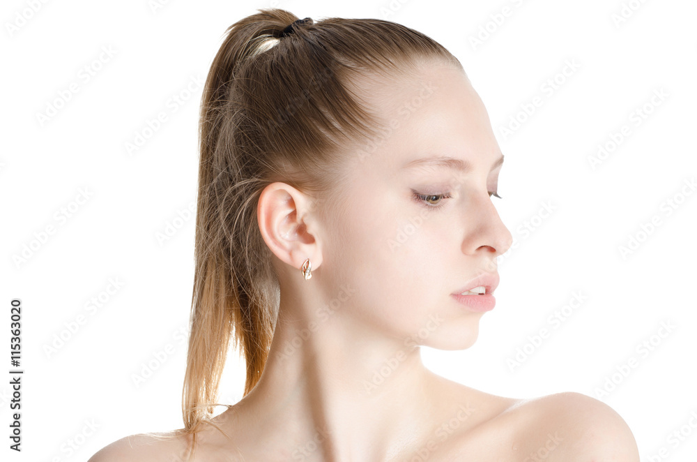 Side portrait of beautiful woman on white background Side portrait of beautiful woman on white background