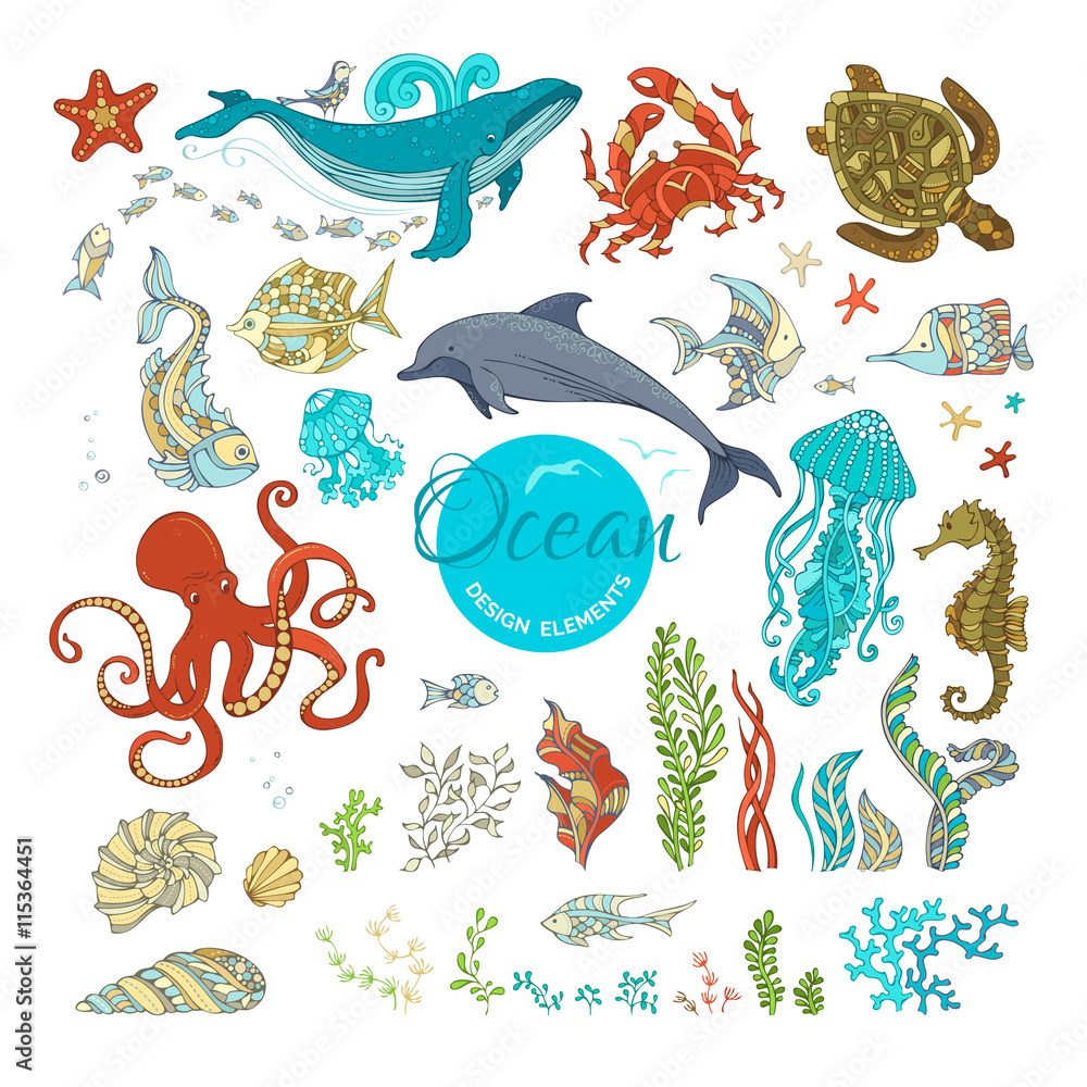 Obraz premium Vector set of cartoon wild animals and plants.