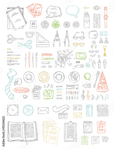 Vector set of doodles work place objects.