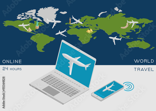 Online service for booking air tickets worldwide, operating 24 hours. World map with an airplane, a laptop and smartphone in an isometric view.
