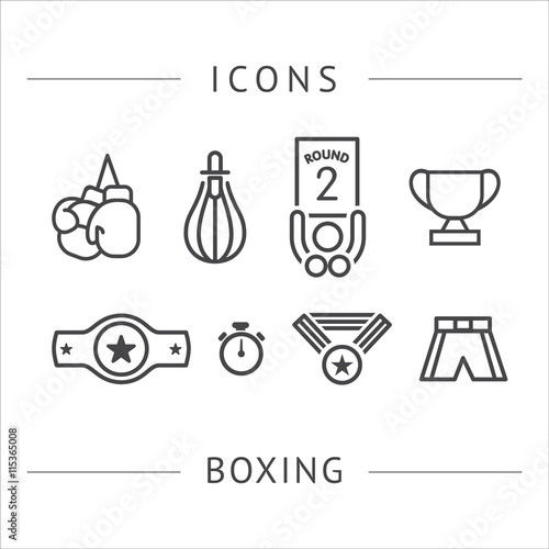 Boxing. Vector linear icons isolated on white background.