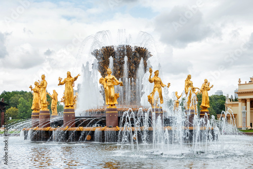 Fountain "Friendship of the people" at VDNH ("The Exhibition of achievements of national economy") in Moscow, Russia. Golden statues of women represent  republics in the USSR.