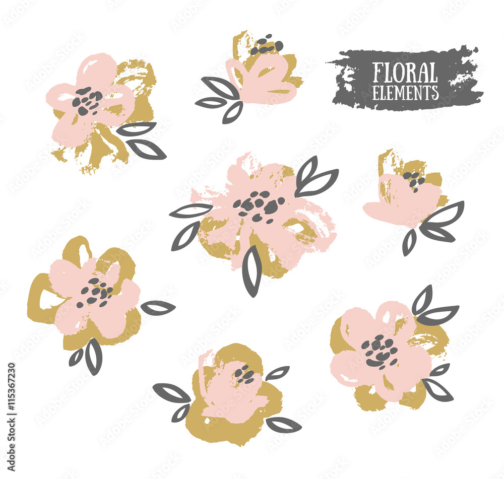 Set of vector stylish grunge pink and gold flowers painted dry ink brush.