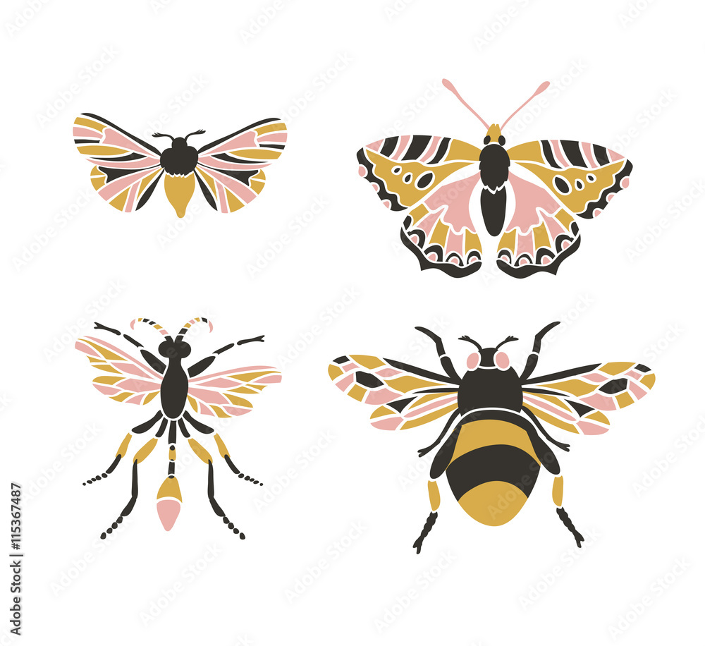 Bumblebee, butterfly, mol, apanteles. Insect icons, vector set. Abstract triangular style. 