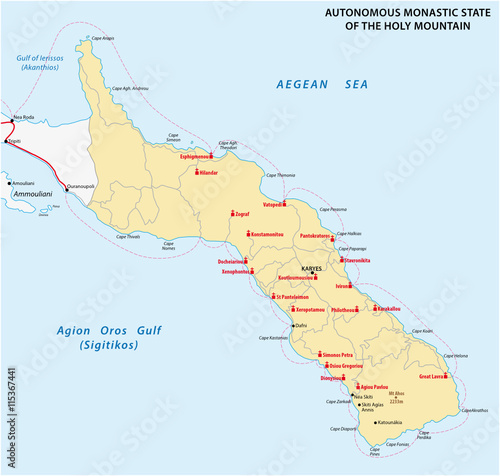 map of the Autonomous Monastic State of the Holy Mountain, Greece