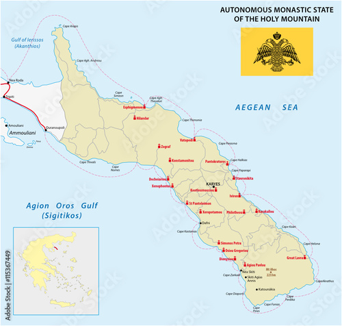 map of the Autonomous Monastic State of the Holy Mountain with flag, Greece