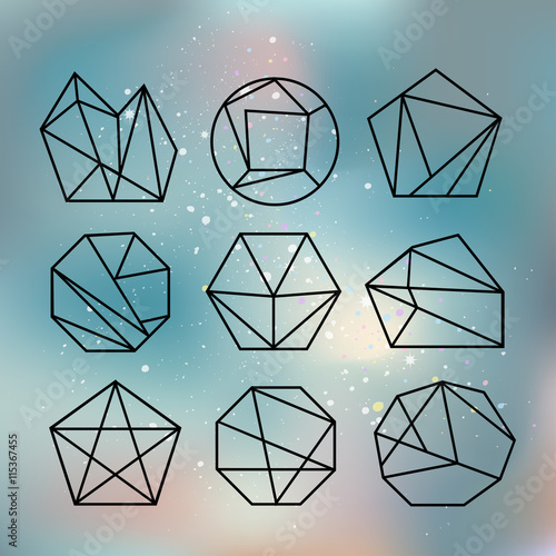Vector illustration. Line shapes crystal geometry. Diamonds design. Alchemy, religion, philosophy, spirituality, hipster symbols and elements. Polygon style with geometric shapes in retro style. 