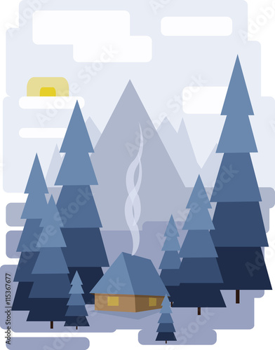 Abstract landscape design with white trees and clouds, a house with smoke, snowing in a forest in winter, flat style. Digital vector image.