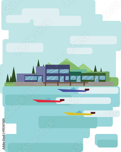 Abstract landscape design with green trees and clouds, buildings and boats on a lake, flat style. Digital vector image.