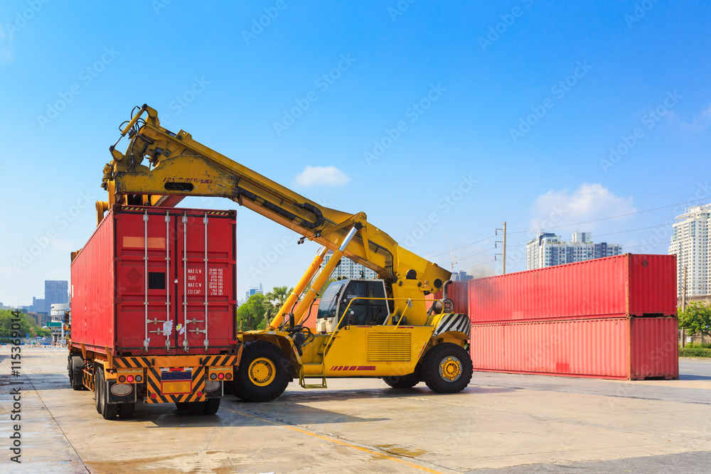 Cargo containers and folklift in shipping yard for import,export industrial Cargo containers and folklift in shipping yard for import,export industrial
