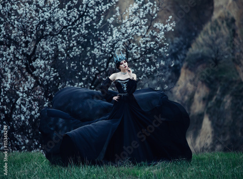 A dark evil queen sneaks through the blooming gardens, white wild Princess, vampire, thigh toning, creative color, dark bohemian