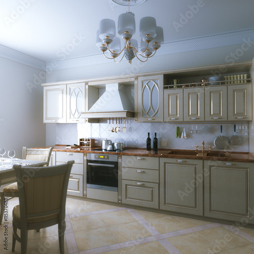 Domestic classic wooden beige kitchen interior design. photo