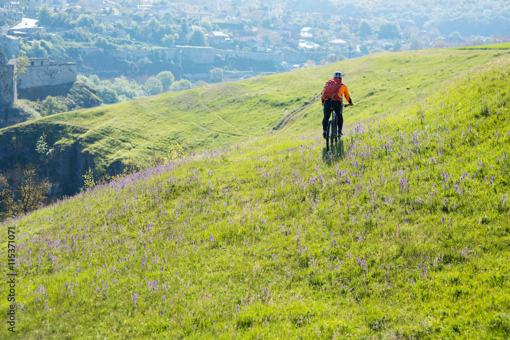 Fototapeta premium Cyclist on the Beautiful Meadow Trail