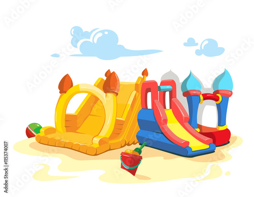 Vector illustration of inflatable castles and children hills on playground