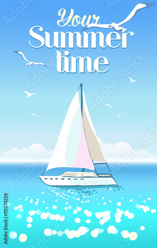Beautiful seascape with yacht and seagulls on clear sky