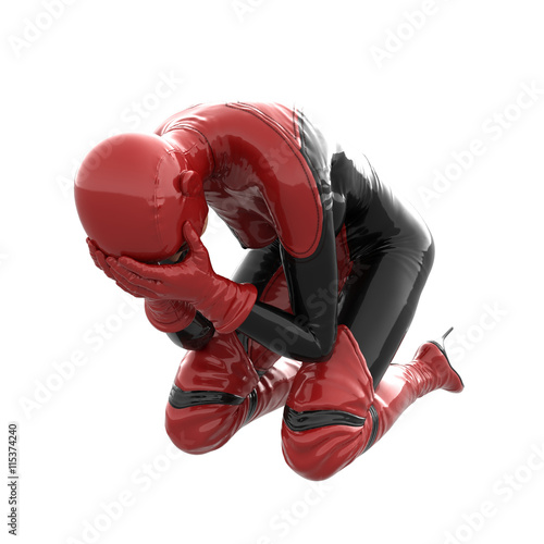 one tall woman in red black super suit. A woman is sitting covering his face with his hands