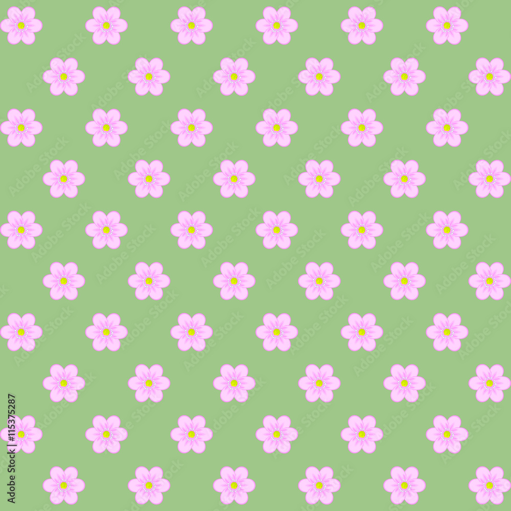 Pattern of pink flowers on a green background.