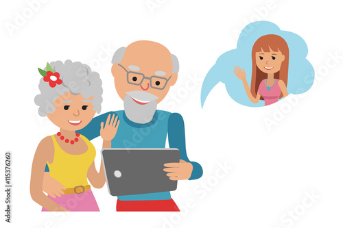 Family vector illustration flat style people online social media communications. Man woman senior couple grandparents make video call with tablet.
