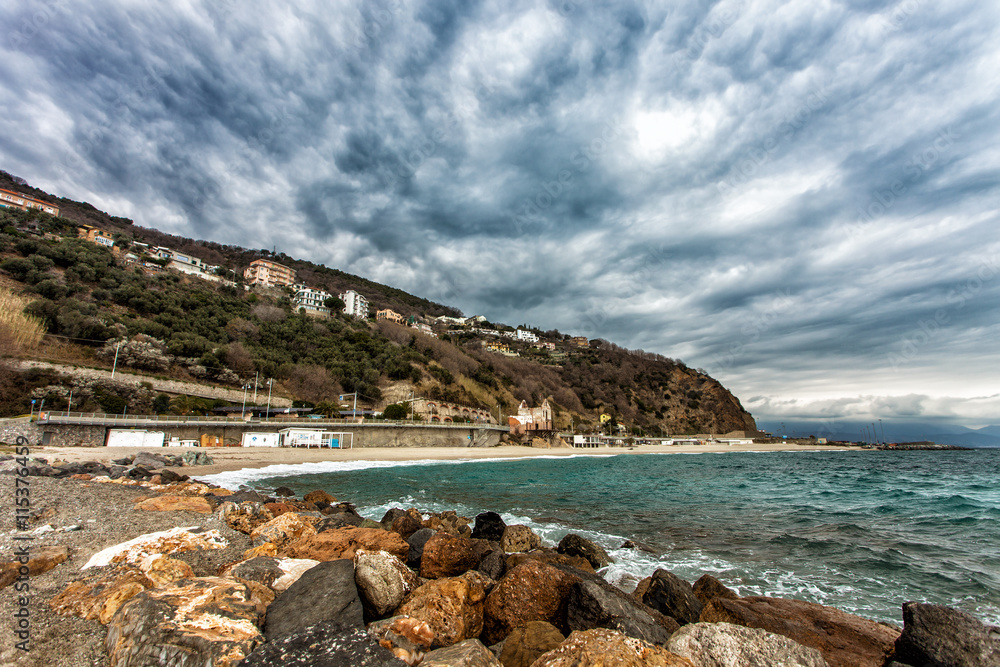 Beautiful landscape with stormy sky in Liguria, Italy
