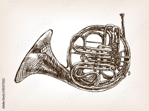 French horn hand drawn sketch style vector