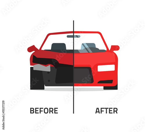Car body frame repair vector illustration, auto body paint concept, automobile service, vehicle automotive technology help, before after, flat icon isolated crushed auto, poster design banner emblem