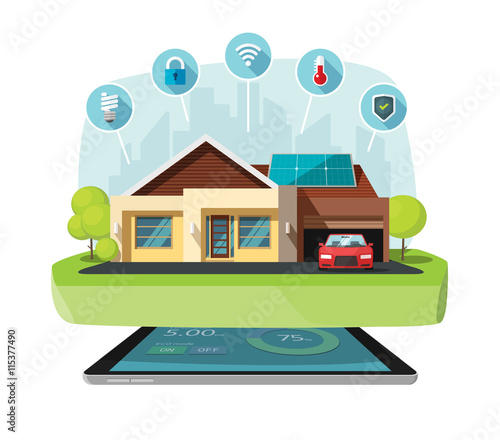 Smart home modern future house solar power system vector illustration flat, lighting, heating, air conditioning, saving efficiency, security safety, sun module power control technology centralized 