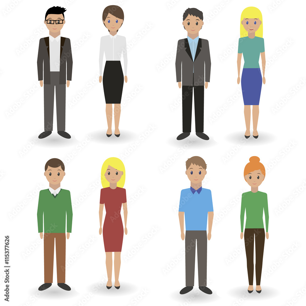 Group of business men and business women standing on white background. Flat design people characters.

