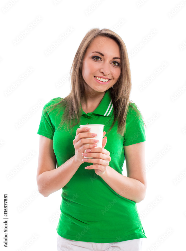 Beautiful brunette girl with a paper cup isolated on white background. Sexy young woman posing in the studio. Beautiful brunette girl with a paper cup isolated on white background. Sexy young woman posing in the studio.